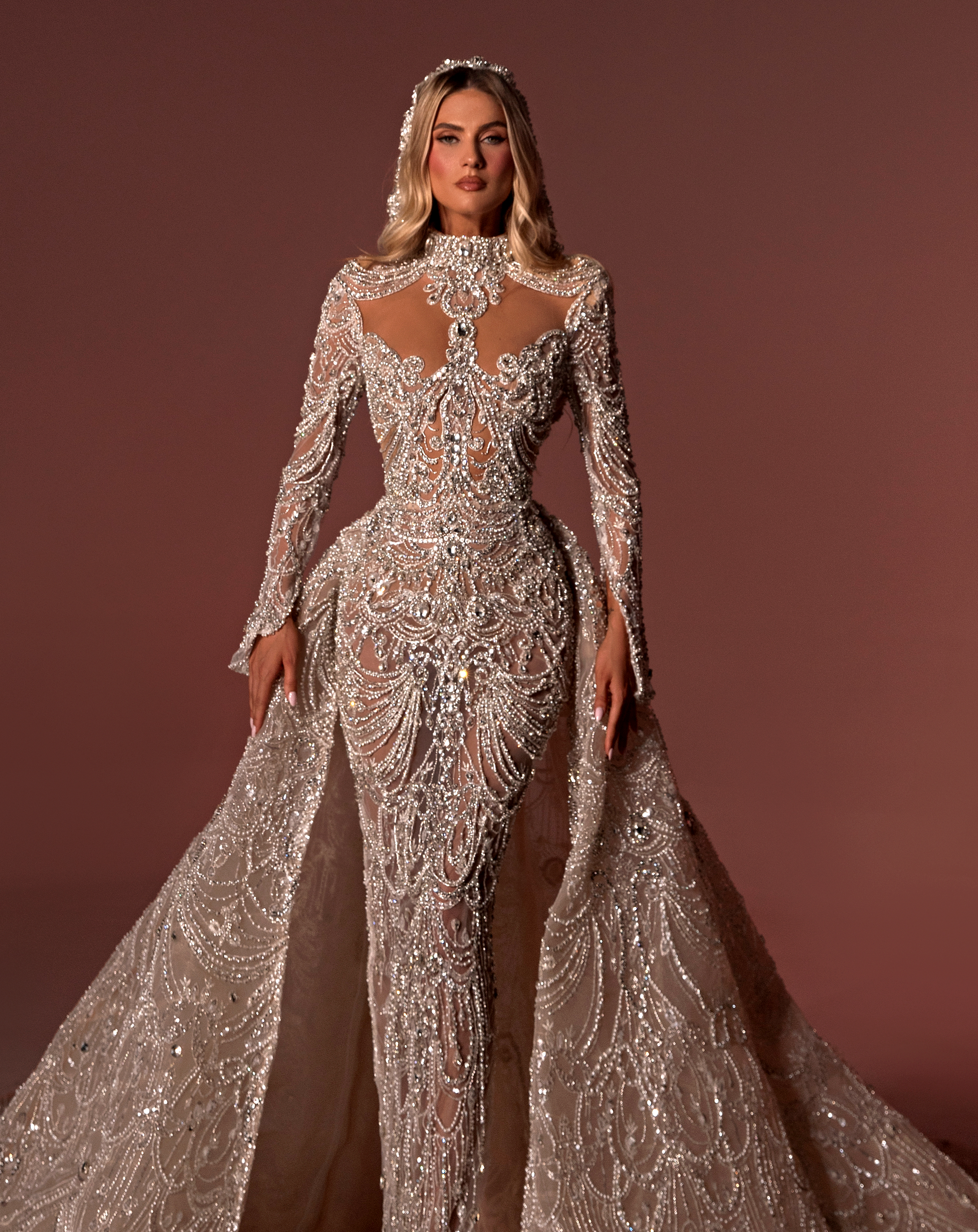 High Neck Embroidered Bridal Dress With Tail - Image 3