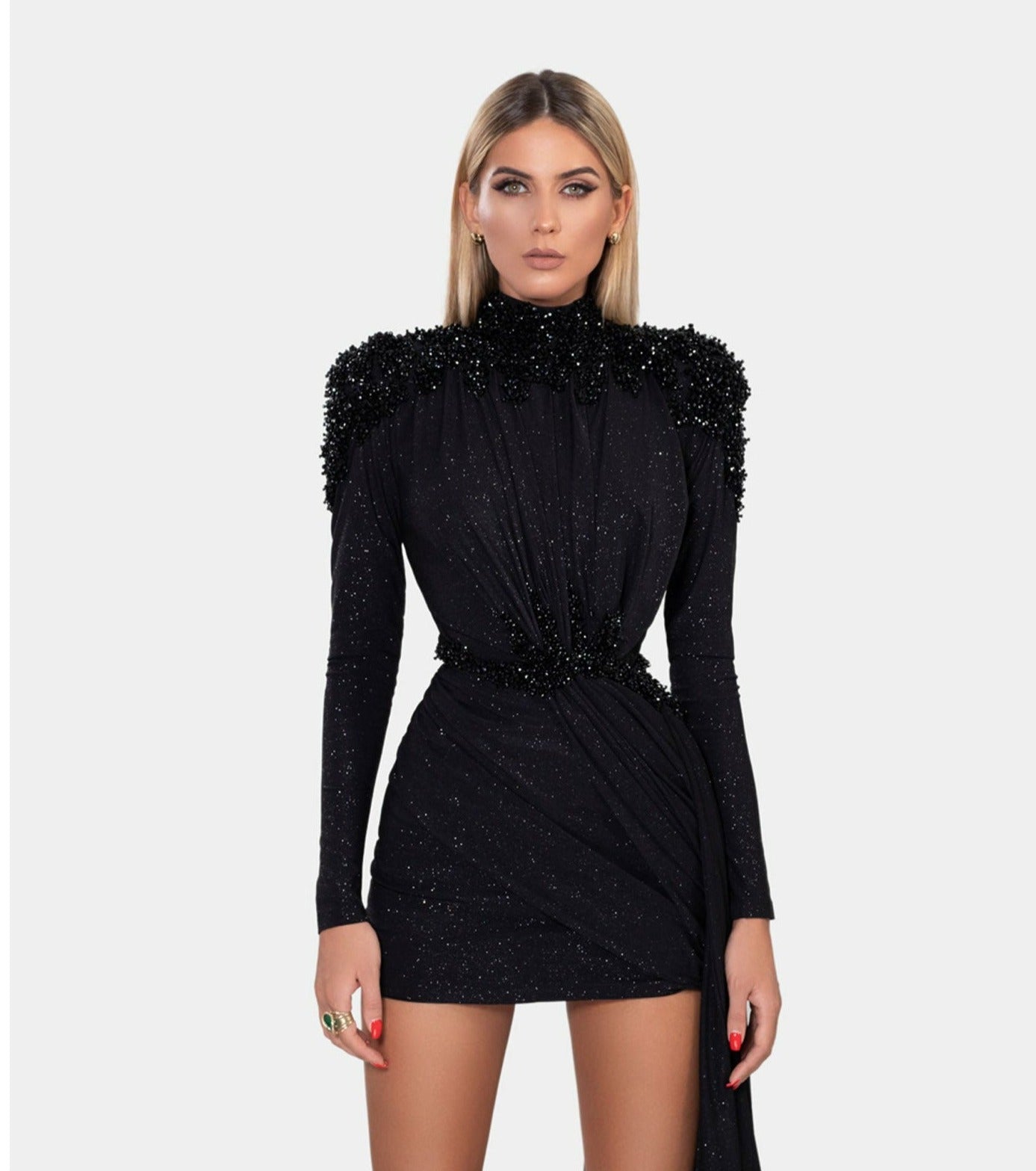Short Black Dress with High Neck and Side tail - Image 3